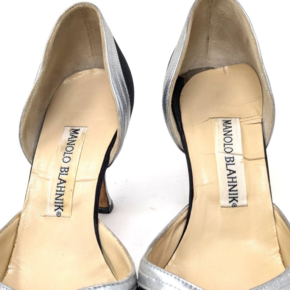 SOLDManolo Blahnik D'Orsay Pumps Black Fabric Silver Heels VTG 80s Sz 36, 6 US - Picture 7 of 16